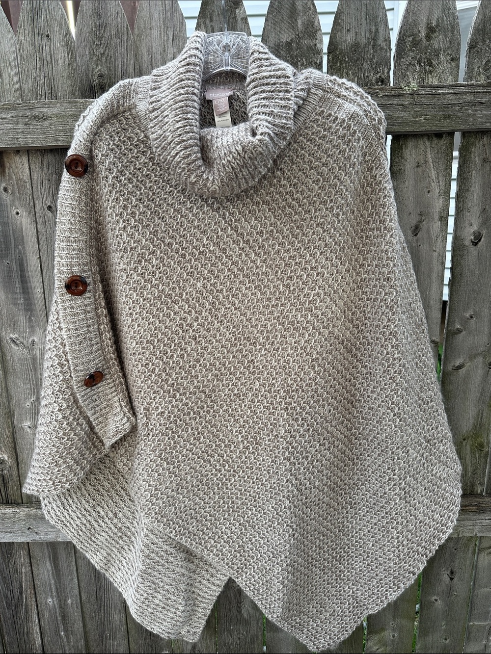 Cozy Button-Shoulder Acrylic Blend Poncho Sweater - Taupe